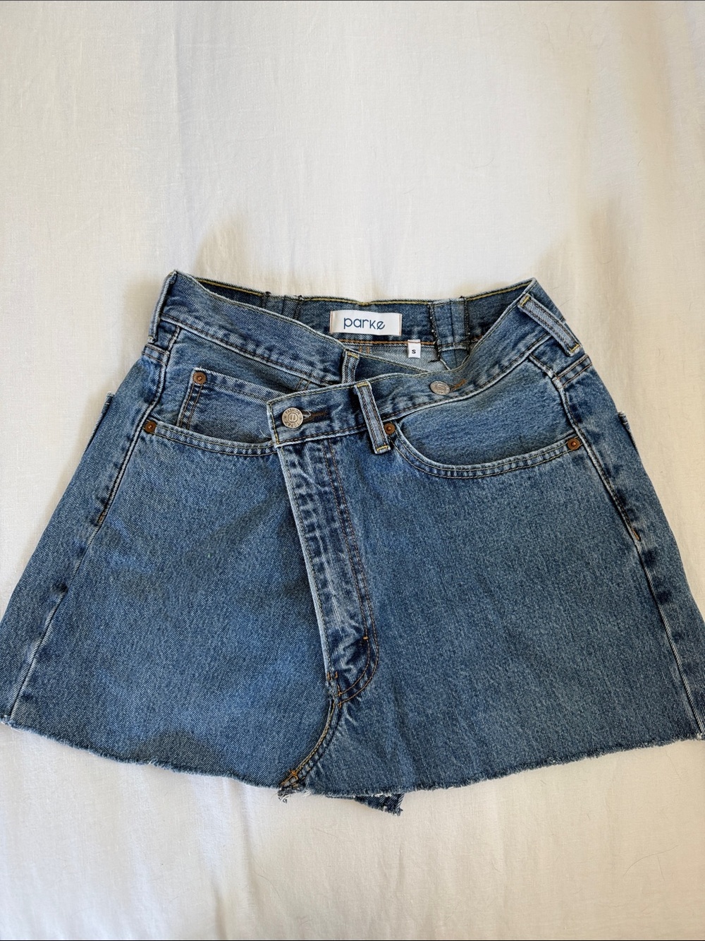 Parke Medium Wash crossover skirt